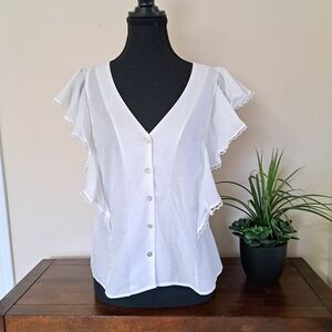 NWT Mango White Blouse Ruffle Cotton  Women's Size 4  Feminine Airy Flutter